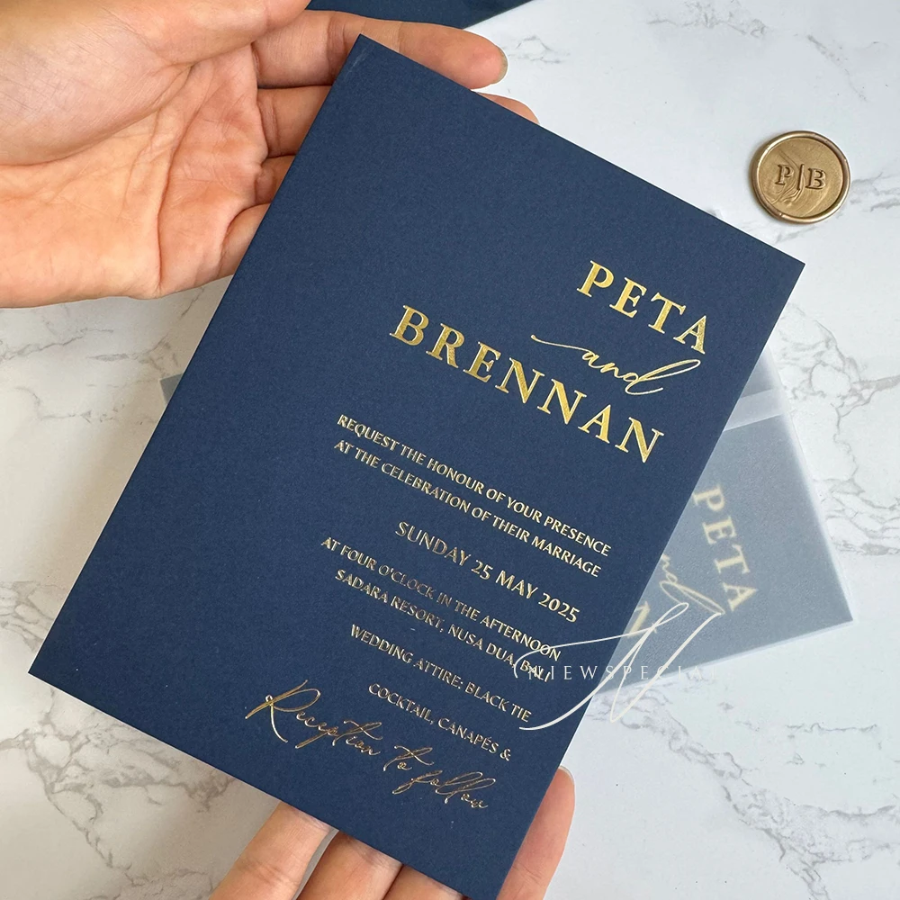 Wedding Invitation, Navy Blue invitation, Monochrome Wedding Invitation, Gold Foil Printing, Traditional Modern Classic