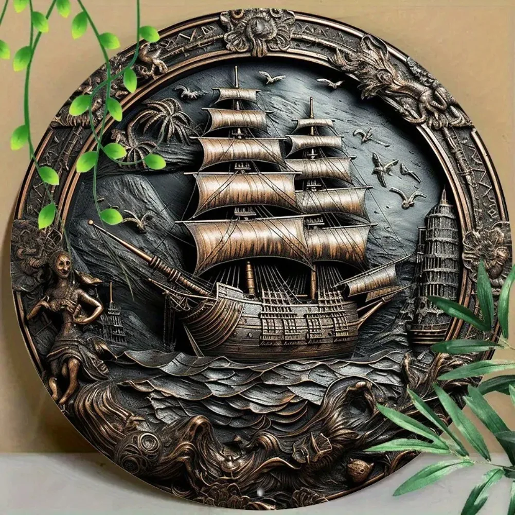 8 Zoll und 11,8 Zoll, 1 Stück, runde Metall-Aluminium-Piratenschiff-Wandkunst – 3D-Metalldekoration für Zuhause, Büro oder Café