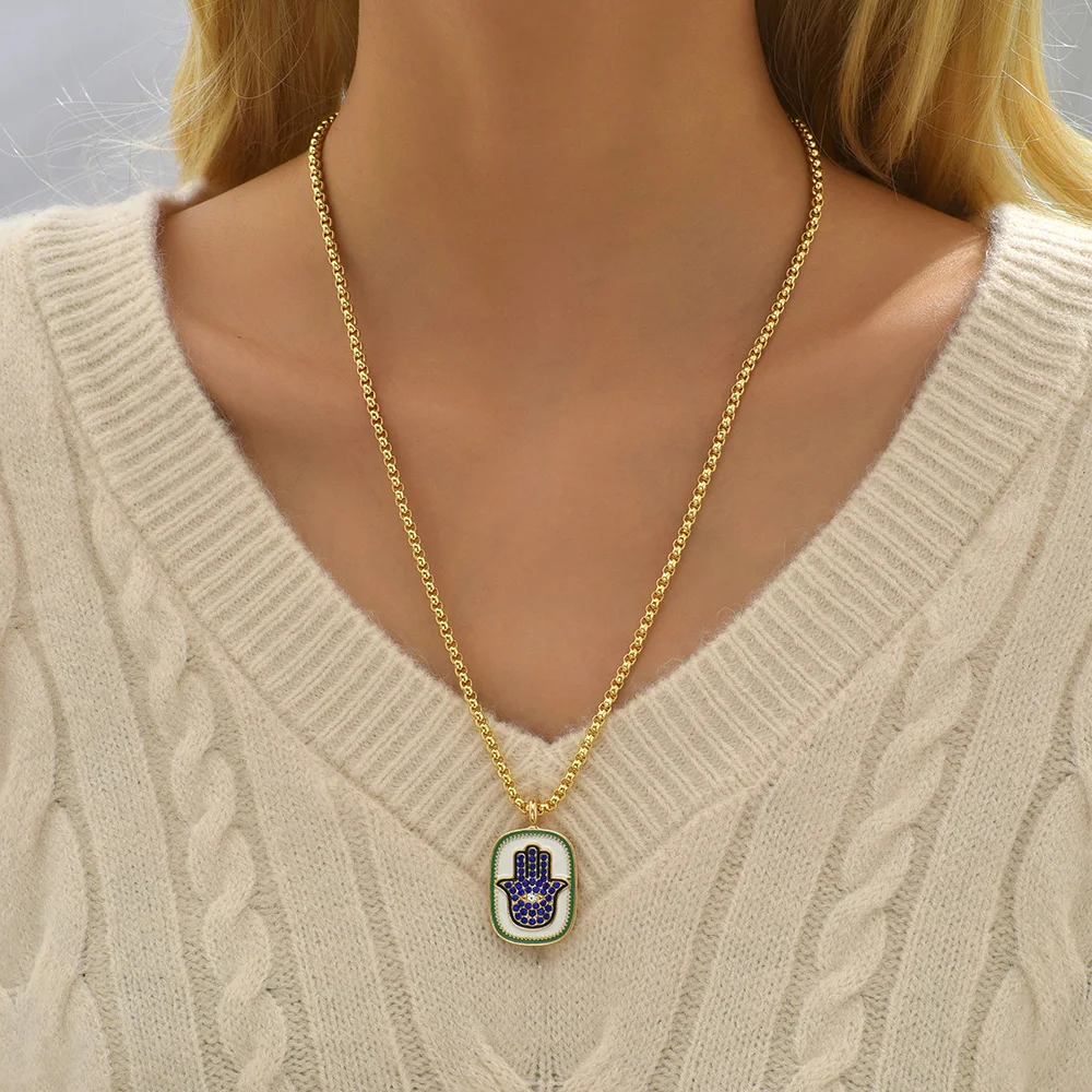 Cute Eyes Heart Palm Zodiac Signs Necklace For Women Double Sided Enamel Star Pendant Collar Gold Color Stainless Steel_maomaolike.com
