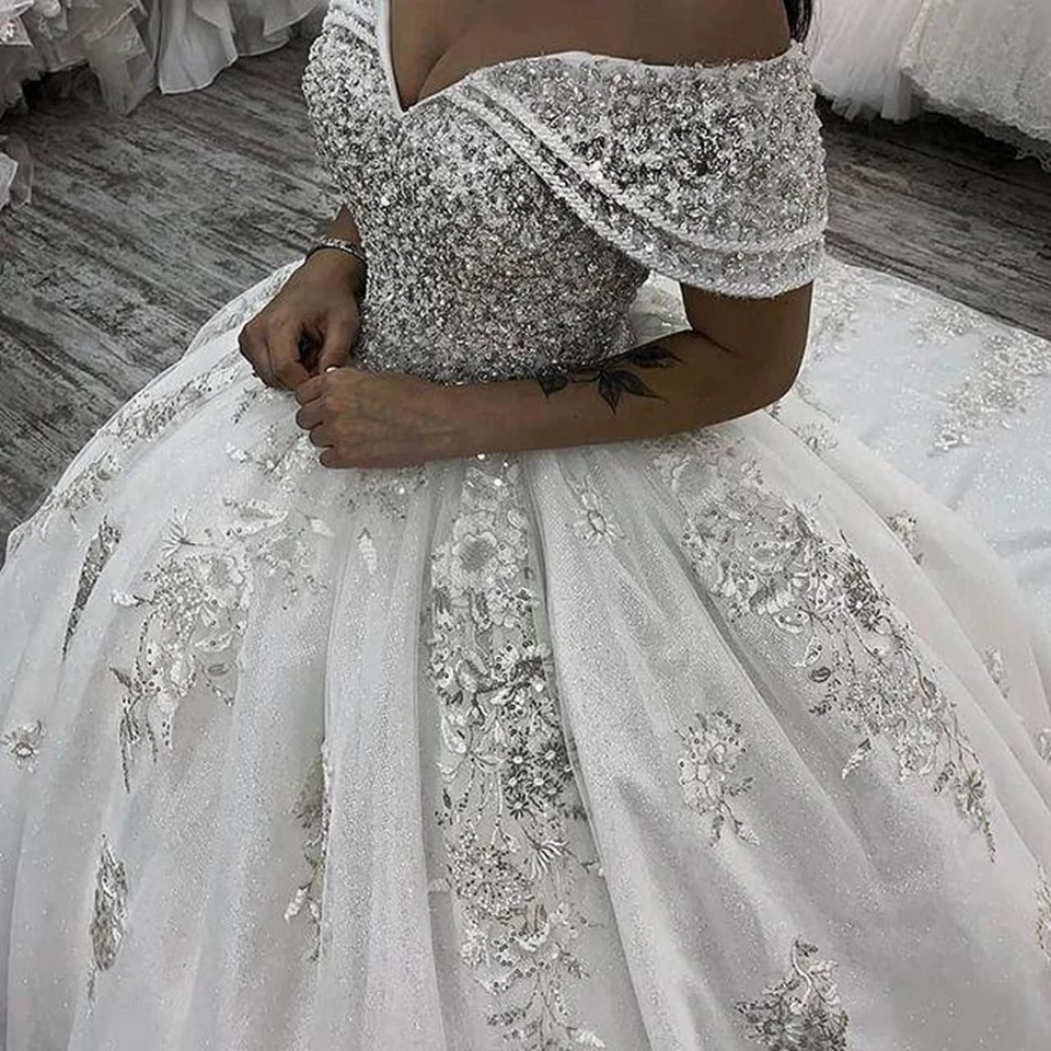 Vestidos De novia De tul brillante árabe De lujo, con apliques De encaje, escote en forma De corazón, con cordones en la espalda, 2022