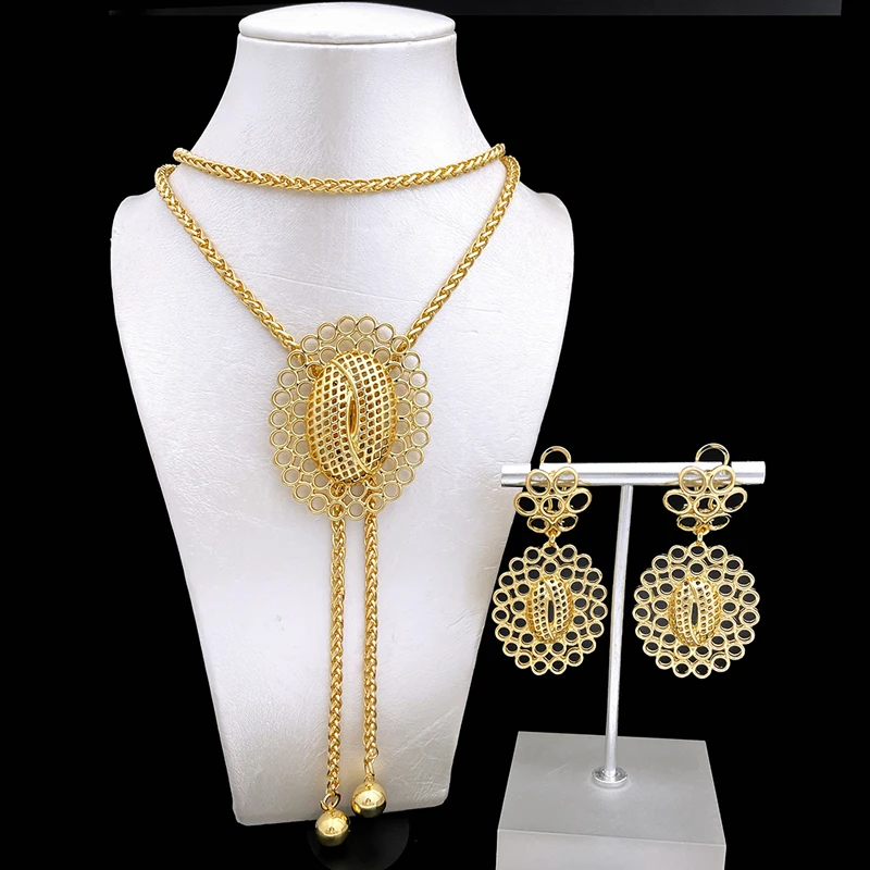 85CM Long Chain Women Necklace Earrings Set 18K Gold Plated Fashion Jewelry ensembles de bijoux italiens