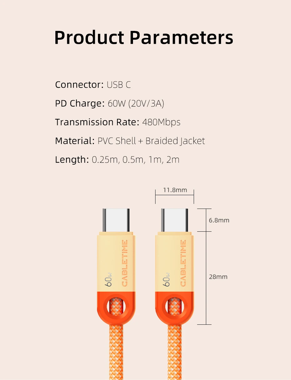 CABLETIME PD60W Kabel USB-C auf USB-C Hochgeschwindigkeits-Datensynchronisierungs- und Ladekabel Langlebiges Schnellladekabel für iPhone iPad Samsung – Detail 10