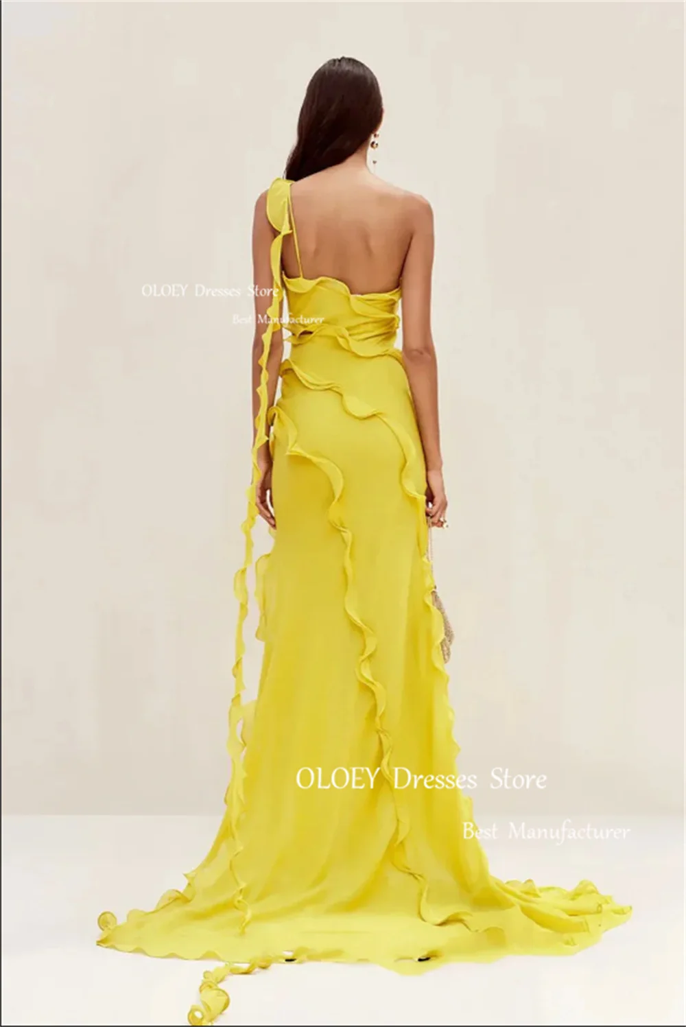 OLOEY Elegant One-Shoulder Lemon Yellow Evening Dress Party Dress Photoshoot Satin Solid Color Floor-Length Formal Prom Gown