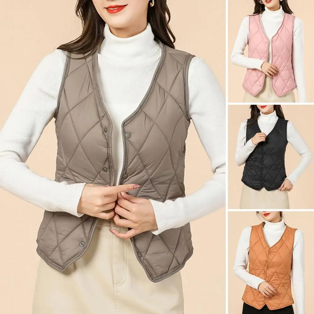 

Women Fall Winter Vest Coat V Neck Padded Sleeveless Cardigan Casual Soft Windproof Warm Single-breasted Lady Waistcoat