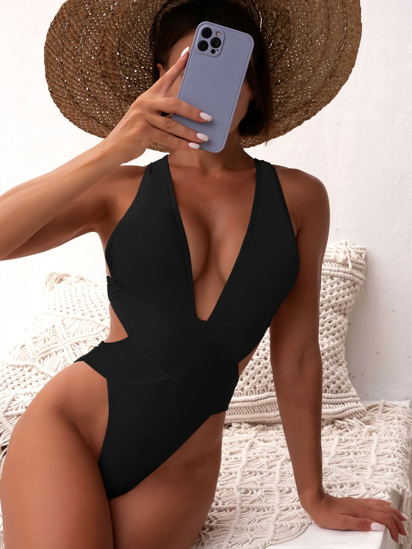 

2024 new one-piece swimsuit patchwork bikini swimsuit women cross swimsuit solid color bikini 6401
