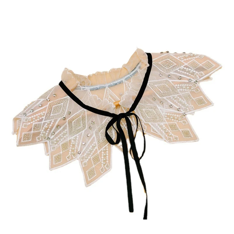 

Women Sweet Ruffled Stand Fake Collar Big Shawl Embroidery Rhombus Necklace Scarf Pearl for rhinestone Beaded Wavy Trim