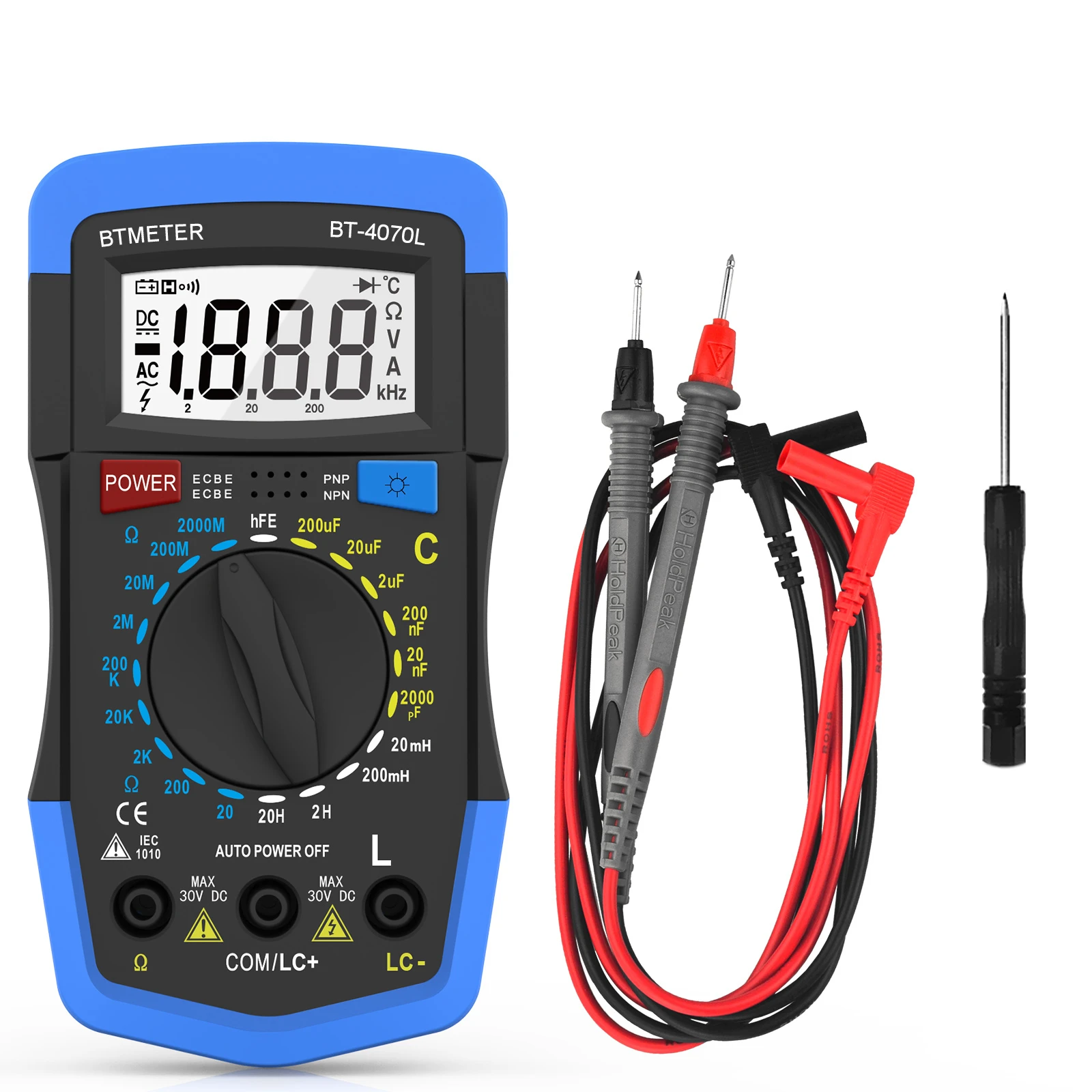 

Digital LCR Meter BT-4070L Inductance 20MH-20H Resistance Capacity Meter 2000pF~200μF Ohm Meter 20Ω~2000MΩ Capacitance Meter