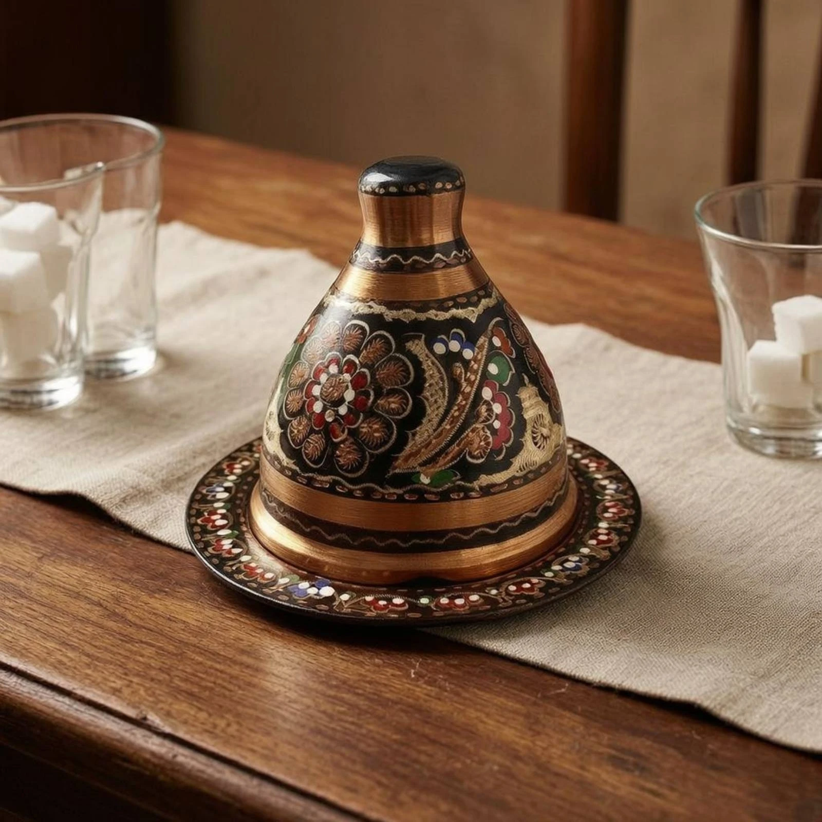 Copper Sugar Bowl Enamel-Style Patterns Copper Sugar Dish Seasoning Container Handmade Storage Jar Antique Design