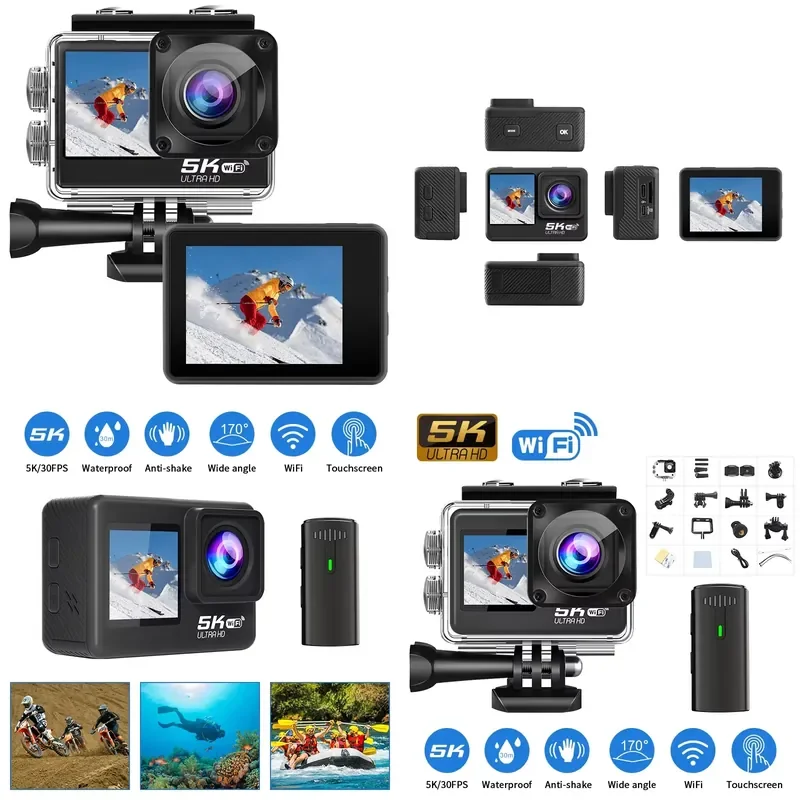 4K WiFi Action  48MP 170 Wide Angle EIS Stabilization Dual Screen MicroSD 30m Waterproof Sport Cam Cycling Diving