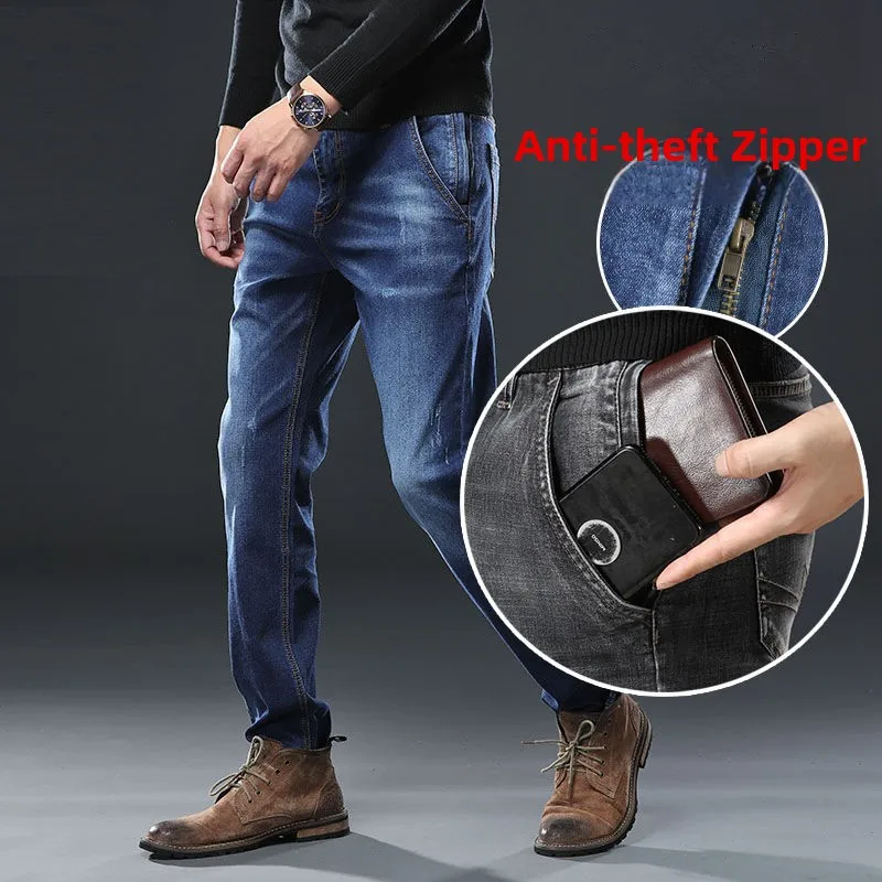 

High-End Elastic Men's Jeans Loose plus Size Casual Side ket mid Waist Cotton Straight Leg Jeans Busin Casual Sle