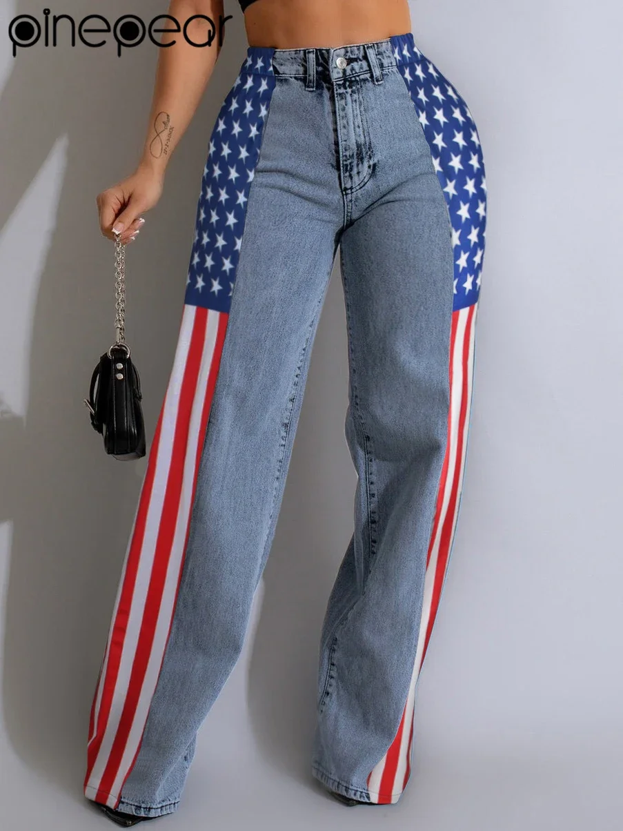 PinePear 2025 American Flag Print Women Baggy Jeans Streetwear Y2K Long Straight Trousers High Waisted Wide Leg Denim Pants