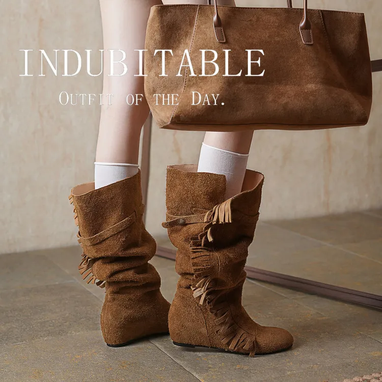 Women's Fringe Boots Mid Calf Boots Suede Slouch Hidden Wedge Round Toe Pull On Western Retro Casual Comfortable Soft LadiesF430
