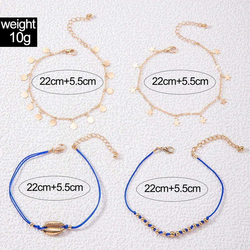 Tocona Bohemia Gold Colour Star Pendants Anklet Set for Women Girl Fashion Shell Red Blue String Multilayer Foot Chain Jewelry