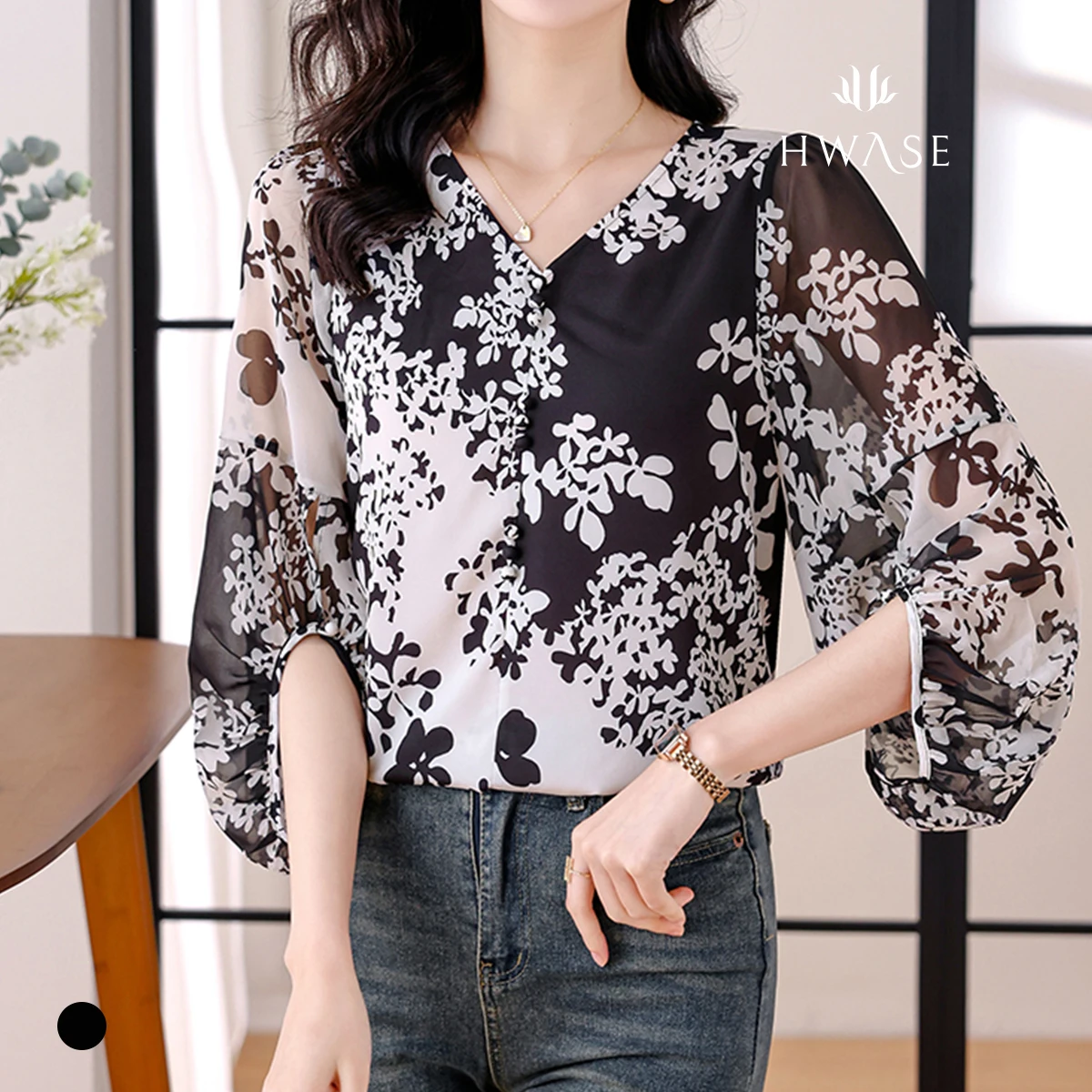 Tone pattern V-neck blouses (up to 88) _ HB4MBL005C