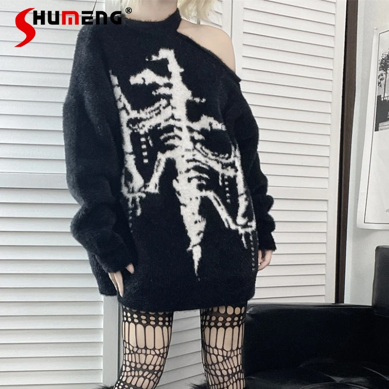 Autumn Winter New Arrivals Punk Y2K Dark Shoulder-baring Loose Pullover Sweaters with Faux Mink Mid-length Sweater Women Tops