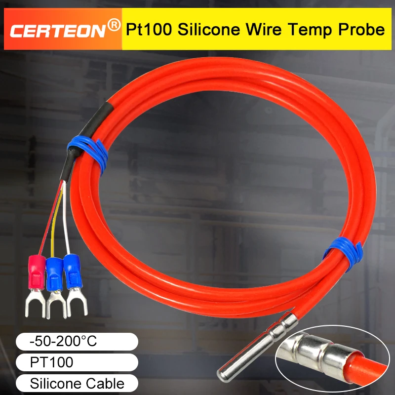 PT100 Temperature Sensor Waterproof Silicone Cable Probe, Stainless Steel Industrial Oilproof Heat Resistant RTD Sensor