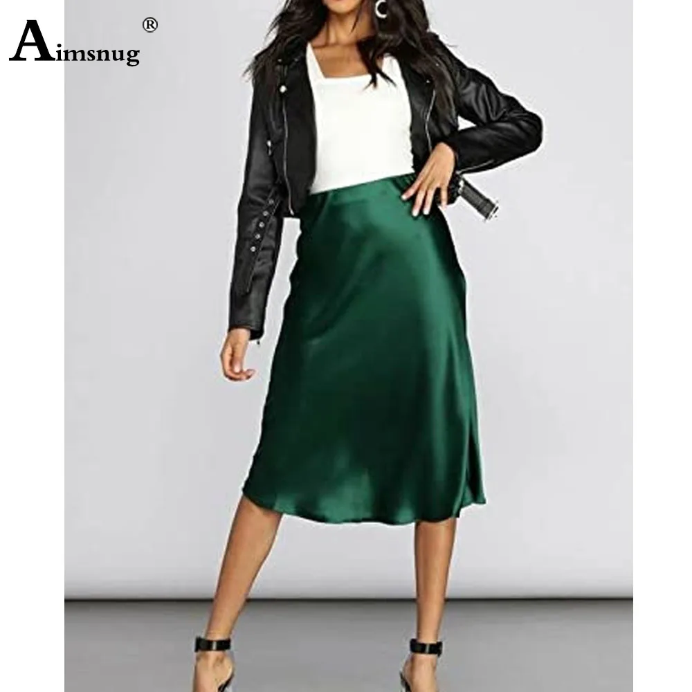 2024 New Spring Casual Retro Silk Imitation Skirts Women Knee-Length Skirts High Waist Skirt Ladies Elegant Formal Party Dresses