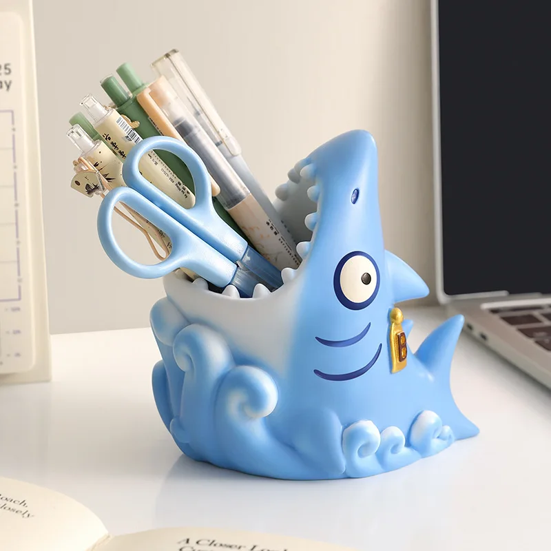 Kawaii Shark Desk Accessory Creative Desktop Organizer For Pens Makeup Brushes Gaming Room Decoration