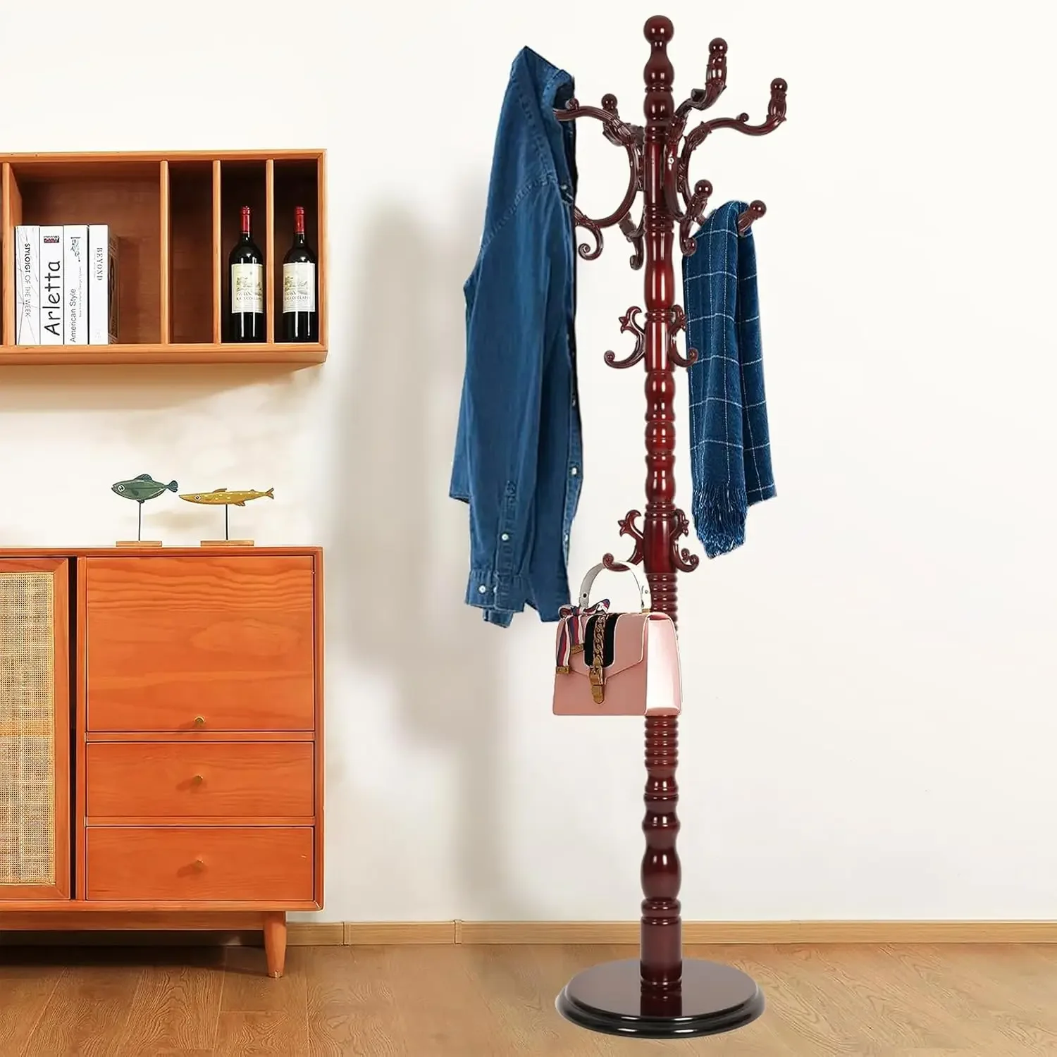 Coat Rack Freestanding, Natural Wood Hall Tree, Adjustable Height 73in and Versatile 14 Hooks for Entryway, Porch, Living Room,