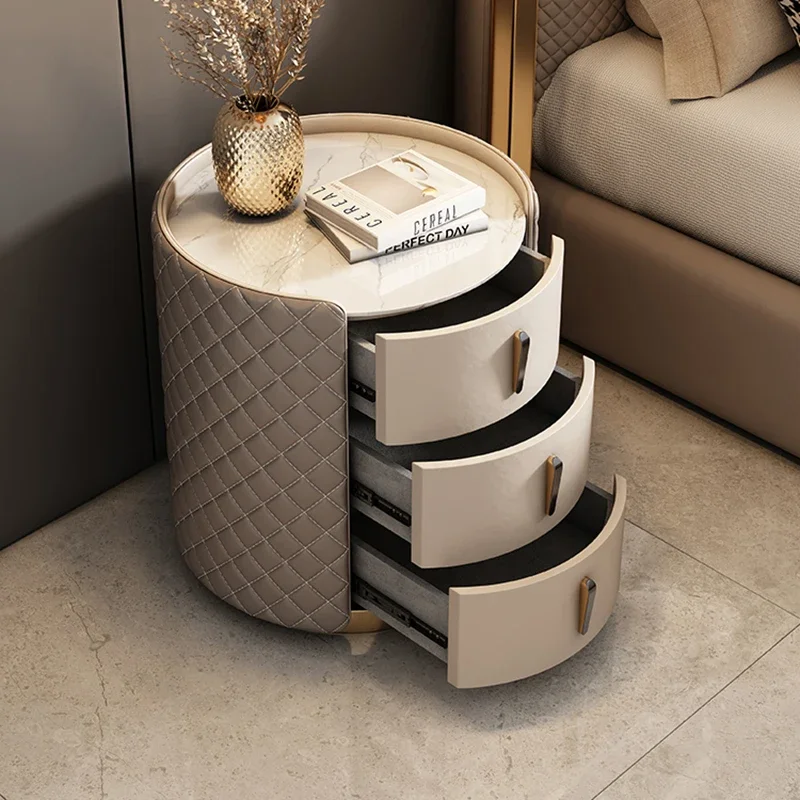 

Italian Minimalist Nightstand Solid Wood Round Leather Bedside Table Luxury Marble Top 3 Drawer Storage Cabinet Modern Bedroom