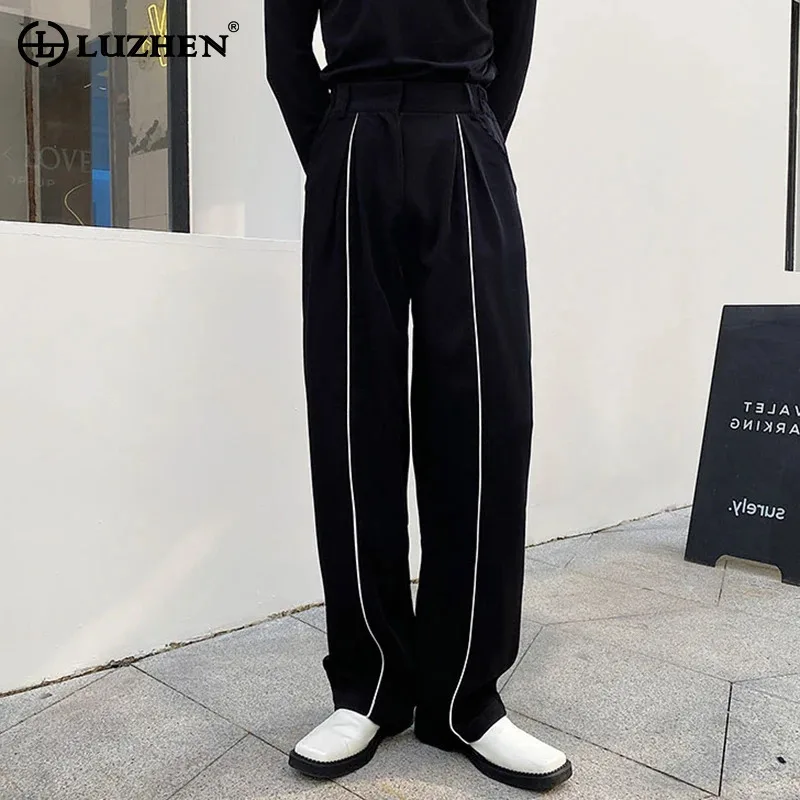 LUZHEN Fashion Elegant Handsome Straight Trousers Men 2026 New Original Stripe Patchwork Design Korean Casual Pants Male JY9469