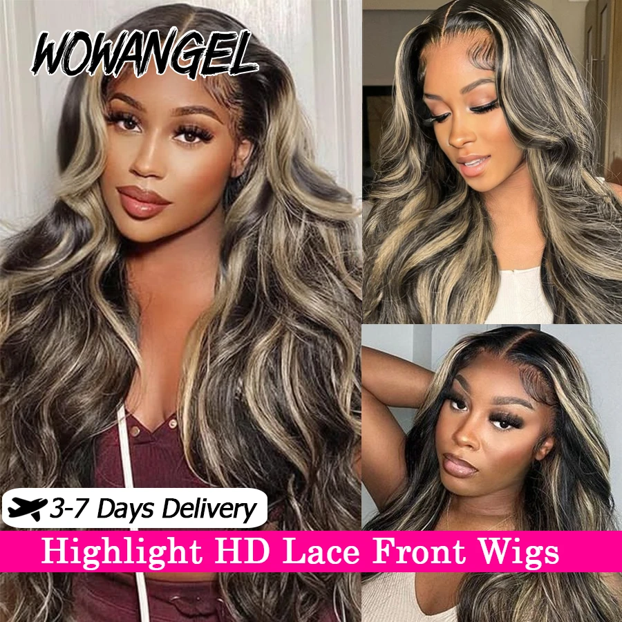 250% 1BJ27 Highlight Body Wave Wig 13X6 HD Lace Front Wigs 34in Human Hair Wig Skins Like Pre Plucked Brazilian Hair For Woman