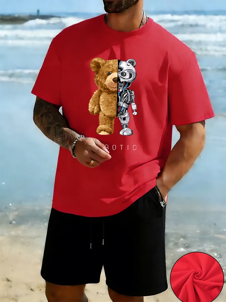 

Plush And Robotic Bear Printed Man Cotton Breathable Clothing Sets Street Summer Simple T Shirt Pocket Loose Running Shorts