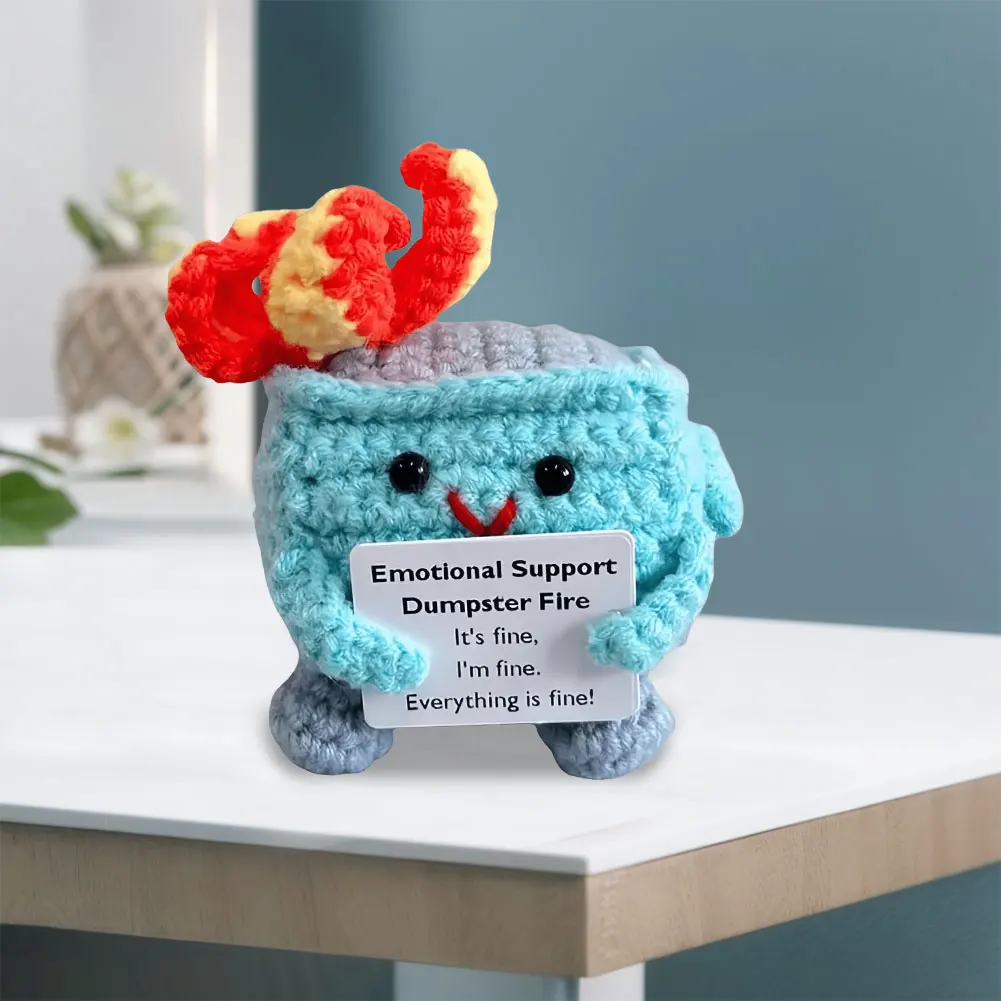 Niedliche emotionale Unterstützung, gehäkelt, Müllcontainer, Feuer, handgefertigt, Strick-Müllcontainer, Feuerpuppe mit positiven Worten, Weihnachtsgeschenke, Schreibtischdekoration