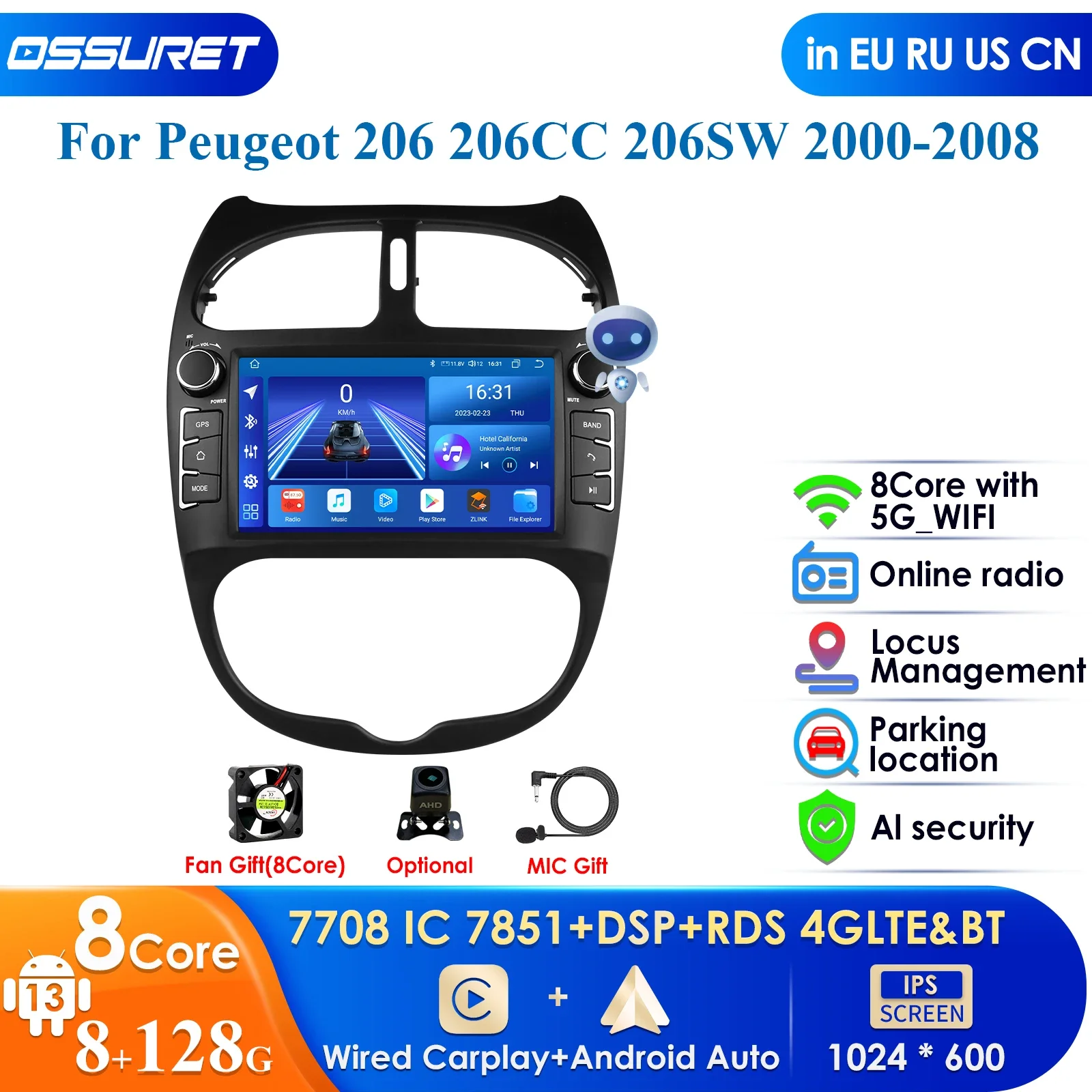 8+128 7'' 2Din Android 13 Car Radio Multimedia Video Player for Car Radio for Peugeot 206 206CC 206SW 2001 - 2008 GPS 4G Carplay