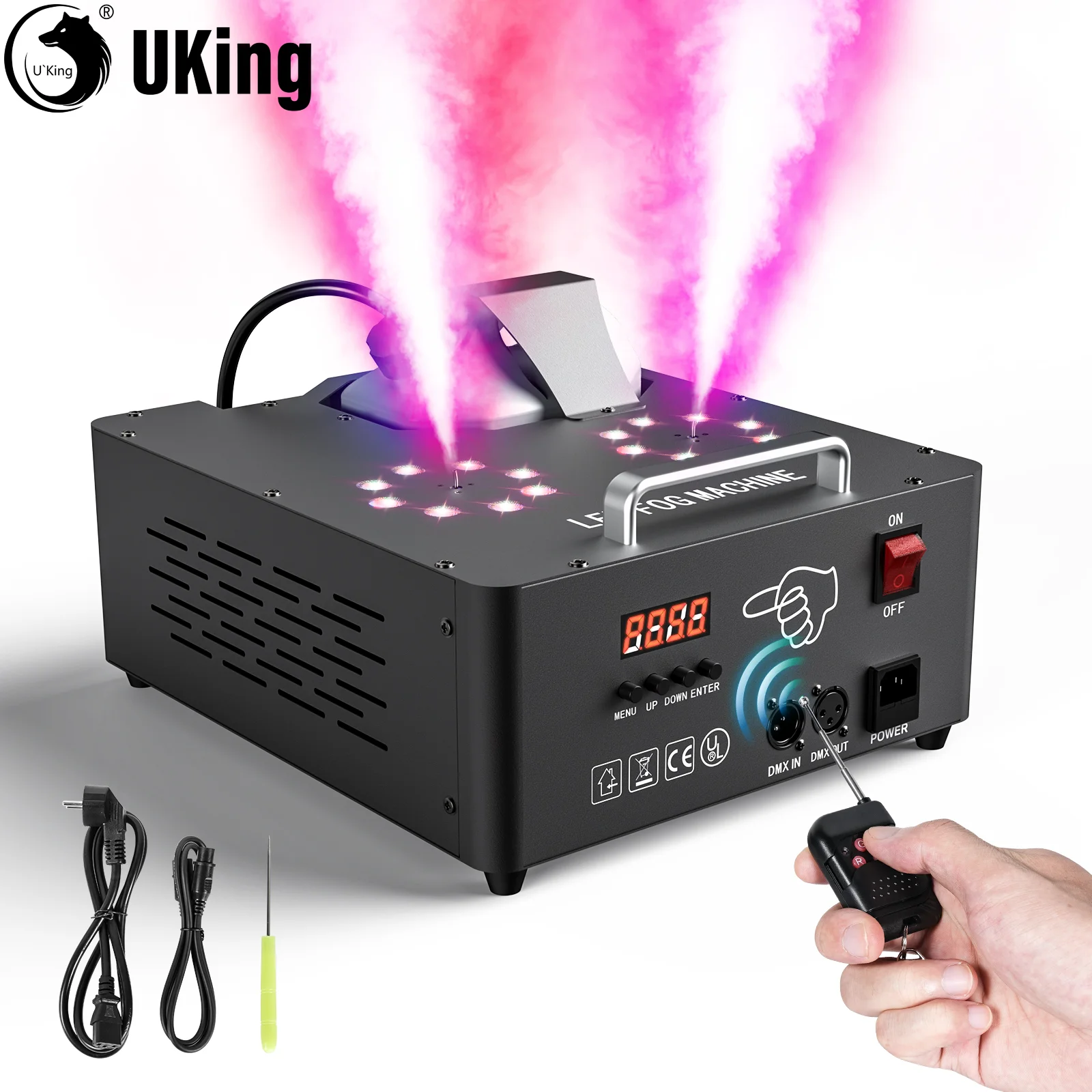 U'King 2000W เครื่องสูบบุหรี่ Double-tube ปรับเครื่องหมอก DMX512 8 + 8 RGB 3IN1 LED 13CH Stage สีสันสเปรย์อุปกรณ์