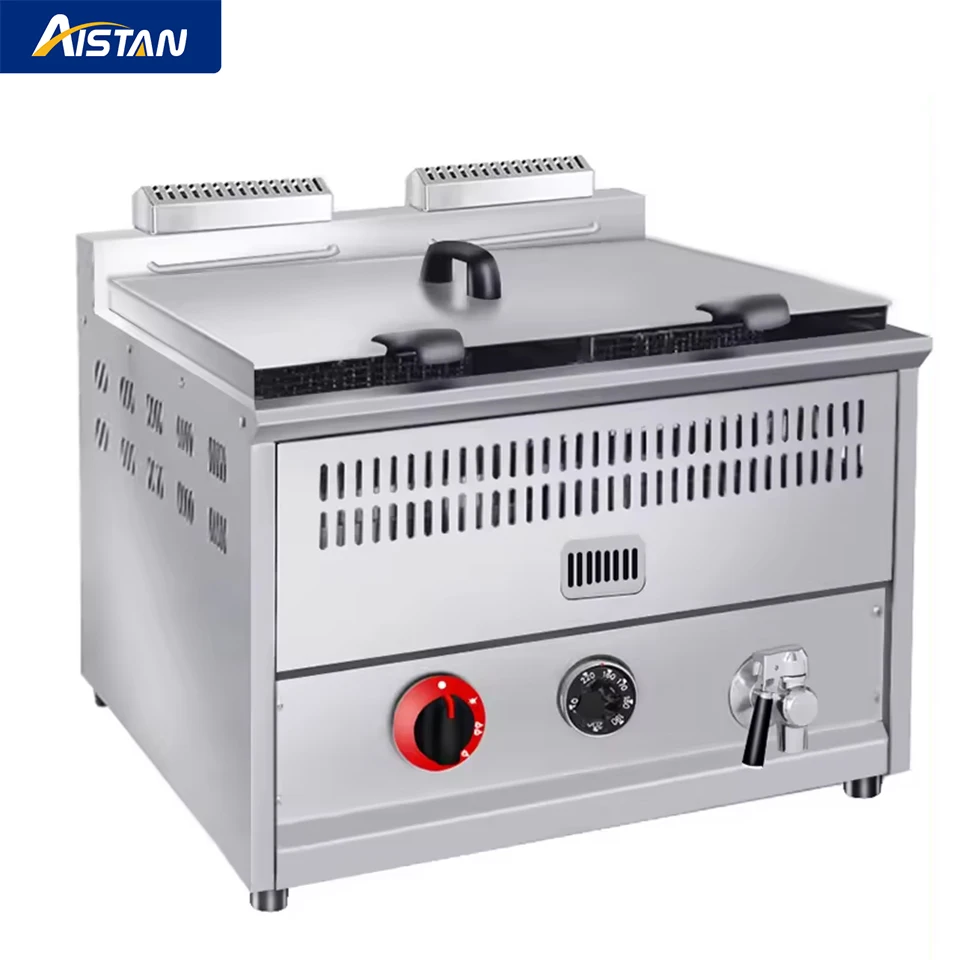 Commercial Gas Deep Fryer Countertop Stainless Steel Deep Fryer With Temperature Control Single Large Tank French Fries 2 Basket