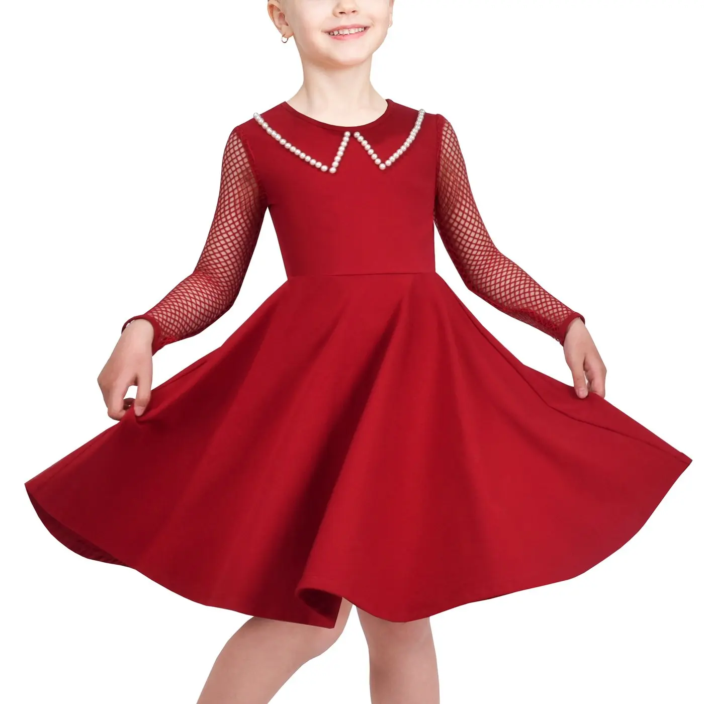 Girls Dress Red Sheer Mesh Long Pearl Cotton Festival Christmas
