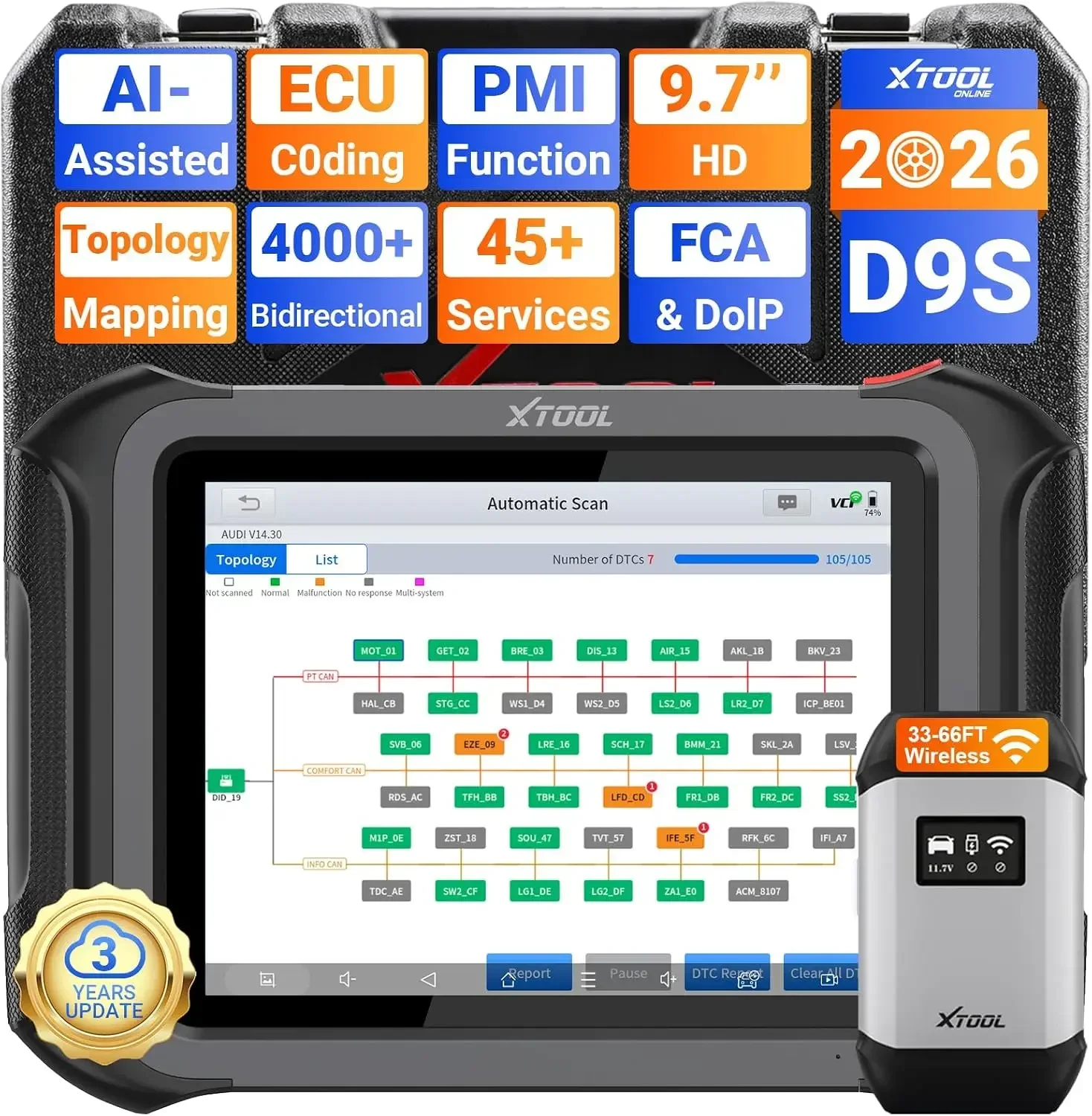 XTOOL D9S Topology Mapping OBD2 Scanner, ECU Coding, PMI, 3-Yrs Free Update | Wireless Bidirectional Automotive Diagnostic Scan Tool, AI-Assisted, 45+ Resets, 8PIDs Live Data, FCA/CANFD/DoIP, Full System