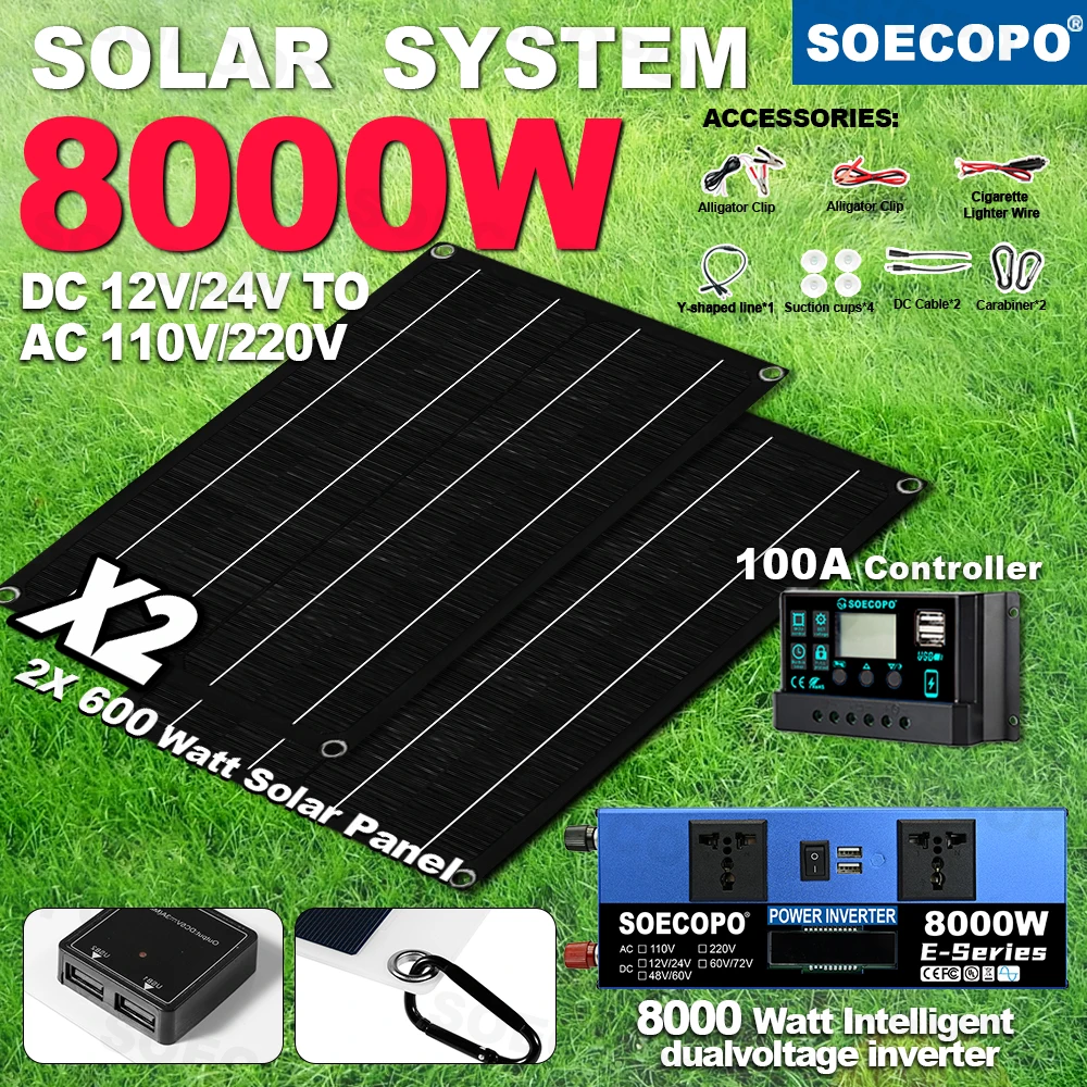 

SOECOPO 8000 Вт домашний набор солнечной энергии для кемпинга 2 × 600 Вт портативные панели 2 розетки инвертор (DC 12 В/24 В в переменный ток 110 В/220 В) контроллер 100 А
