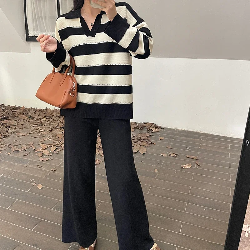 EVNISI Women Autumn Office Knitted Two Piece Set Striped Long Sleeve Pullover Sweater + Wide Leg Pants Sets Casual Loose Outfits