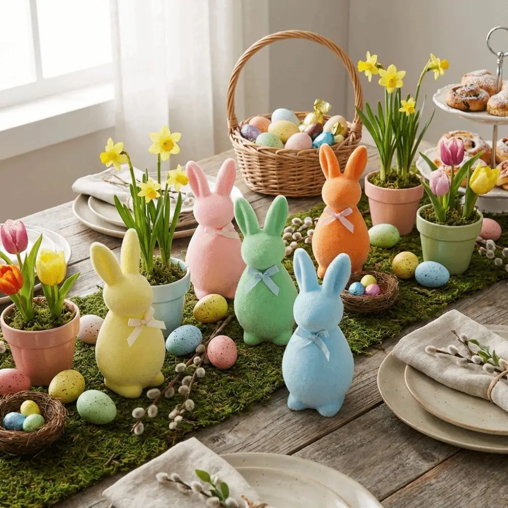 Foam Flocked Rabbit Figures with Bow Solid Color Easter Bunny Statue Plush 3D Standing Bunny Sculpture Easter Decorations