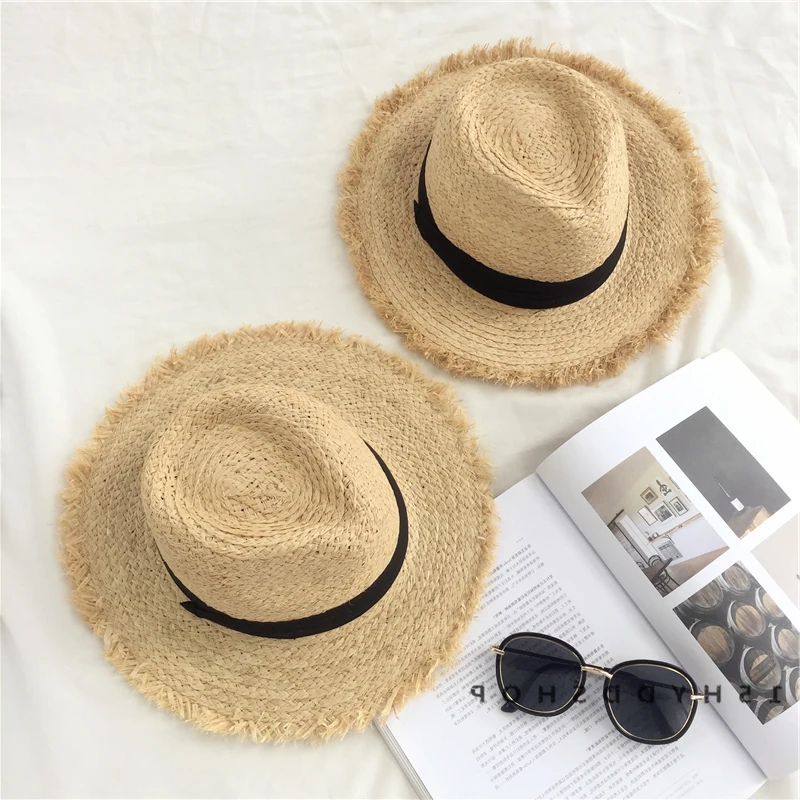 Natural Large Wide Brim floppy hat Raffia jazz Straw Hat Women Summer Fringe Beach Cap hand Weave sun Hat wholesale  beach hat