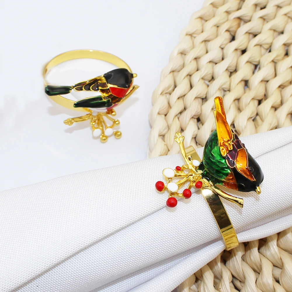 

6 шт. красочные эмалированные кольца для салфеток с птицами, золотой металлический декор стола, весенние садовые обеденные аксессуары для дома и свадьбы, Рождества