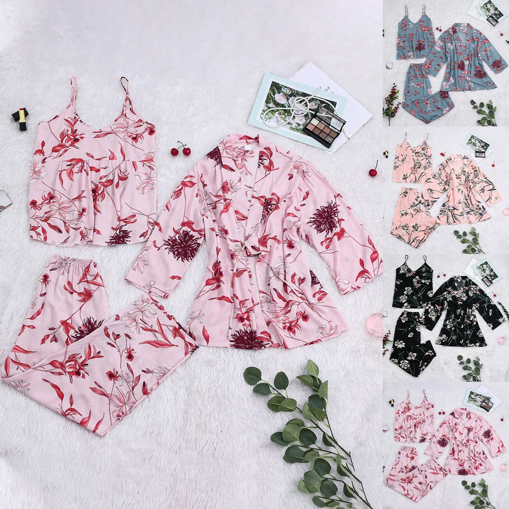 

Luxury 3-Piece Pajama Set - Floral Print Camisole + Palazzo Pants + Kimono Robe | Women's Sexy Lounge Wear