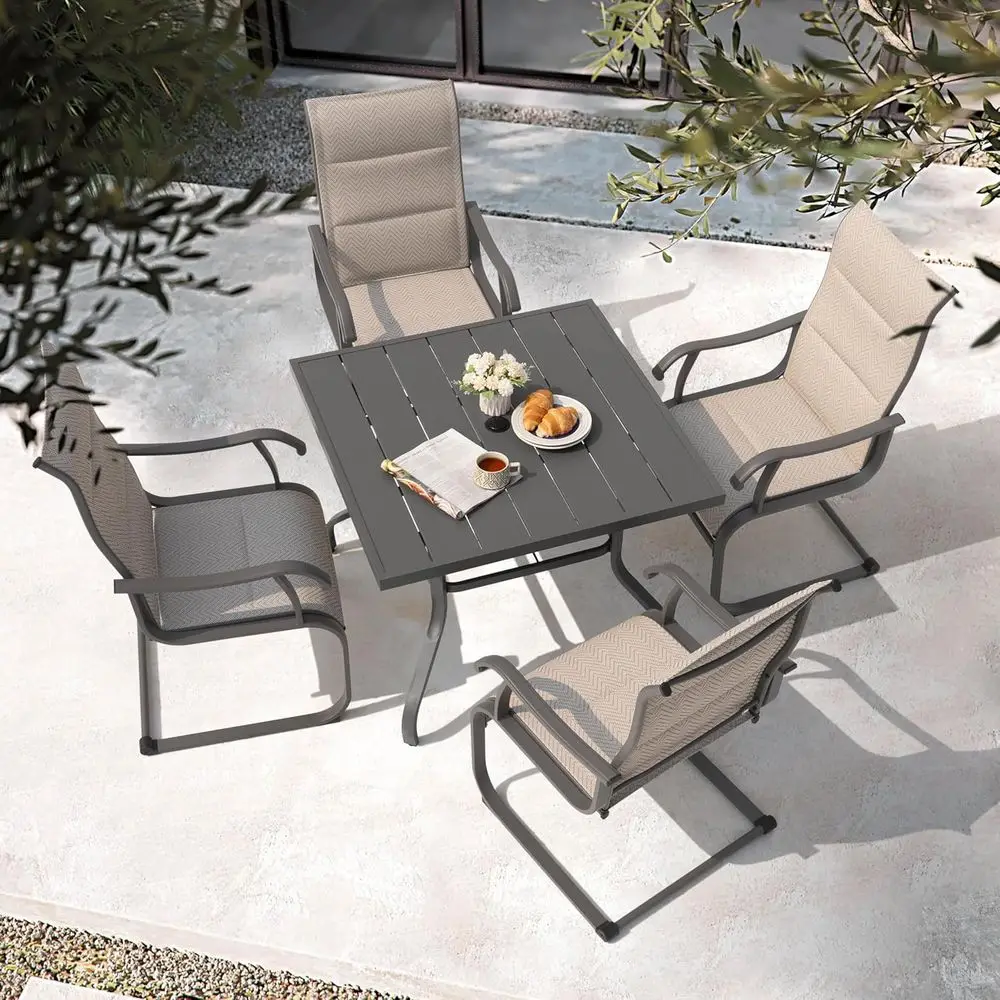 

Бежевый обеденный набор для патио из 5 предметов с 4 текстильными стульями и стол с 37 отверстиями для зонтов, устойчивый к атмосферным воздействиям для улицы, двора, у бассейна