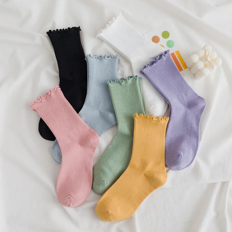 3 Pairs/lot Women Ruffle Lace Cute Socks Polyester Cotton Loose Autumn Winter Knitting Solid Color Long Breathable Mid Tube Sock