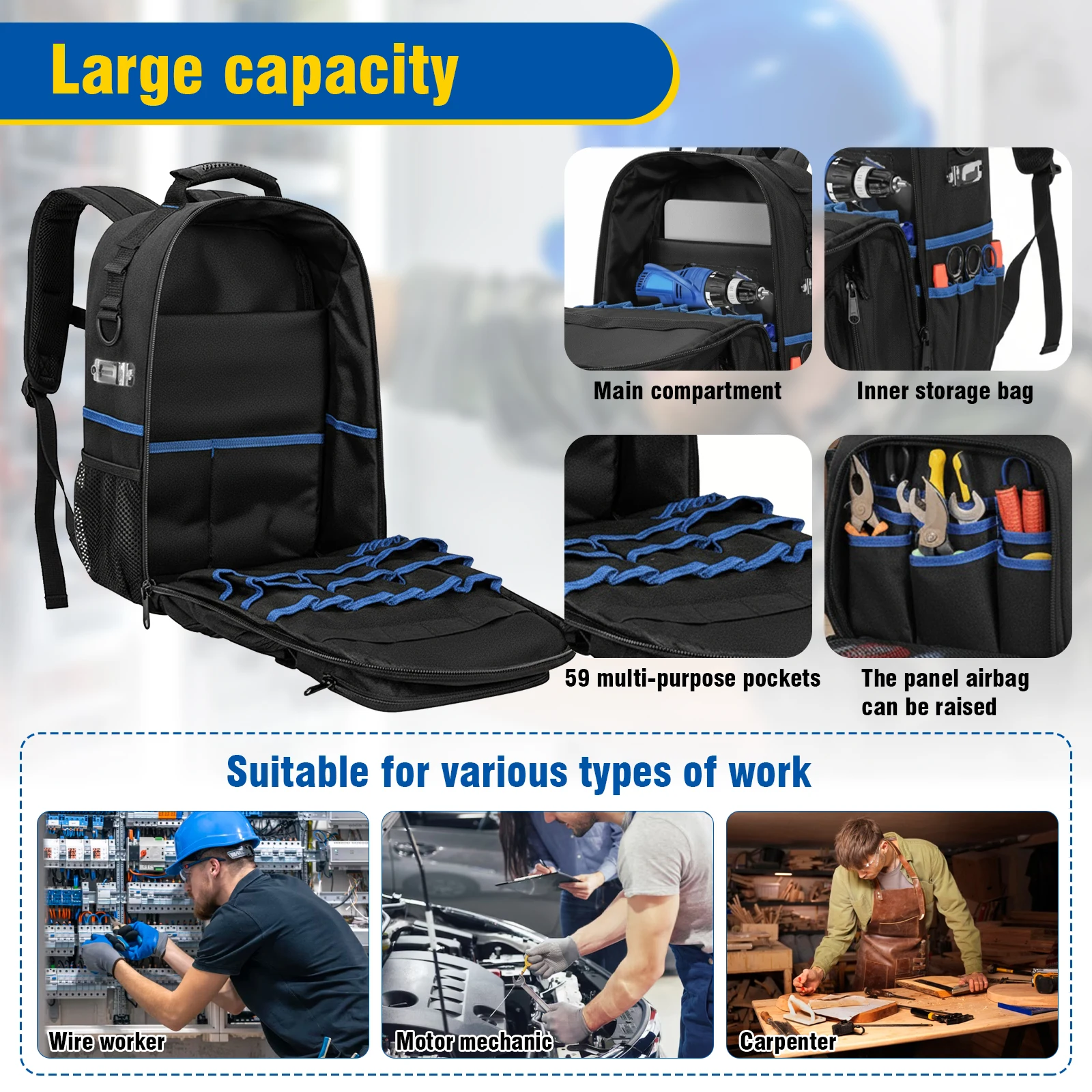 Multi-Compartment Organizer Bag Wear Resist Professional Work Shoulder Bag Large Capacity for Construction Contractors Plumbing