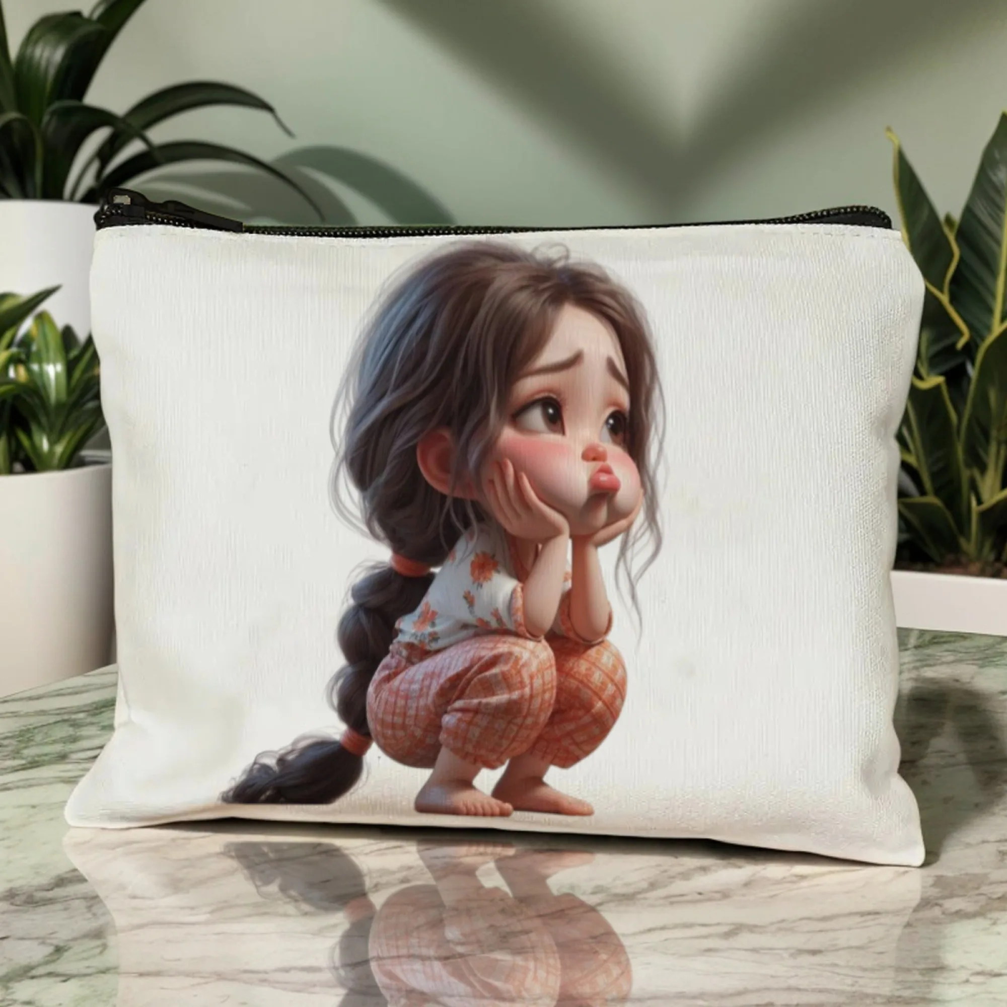 Ragazza con capelli lunghi Stampa Elegante borsa per il trucco con cerniera, custodia cosmetica portatile leggera con chiusura ideale per i regali di compleanno