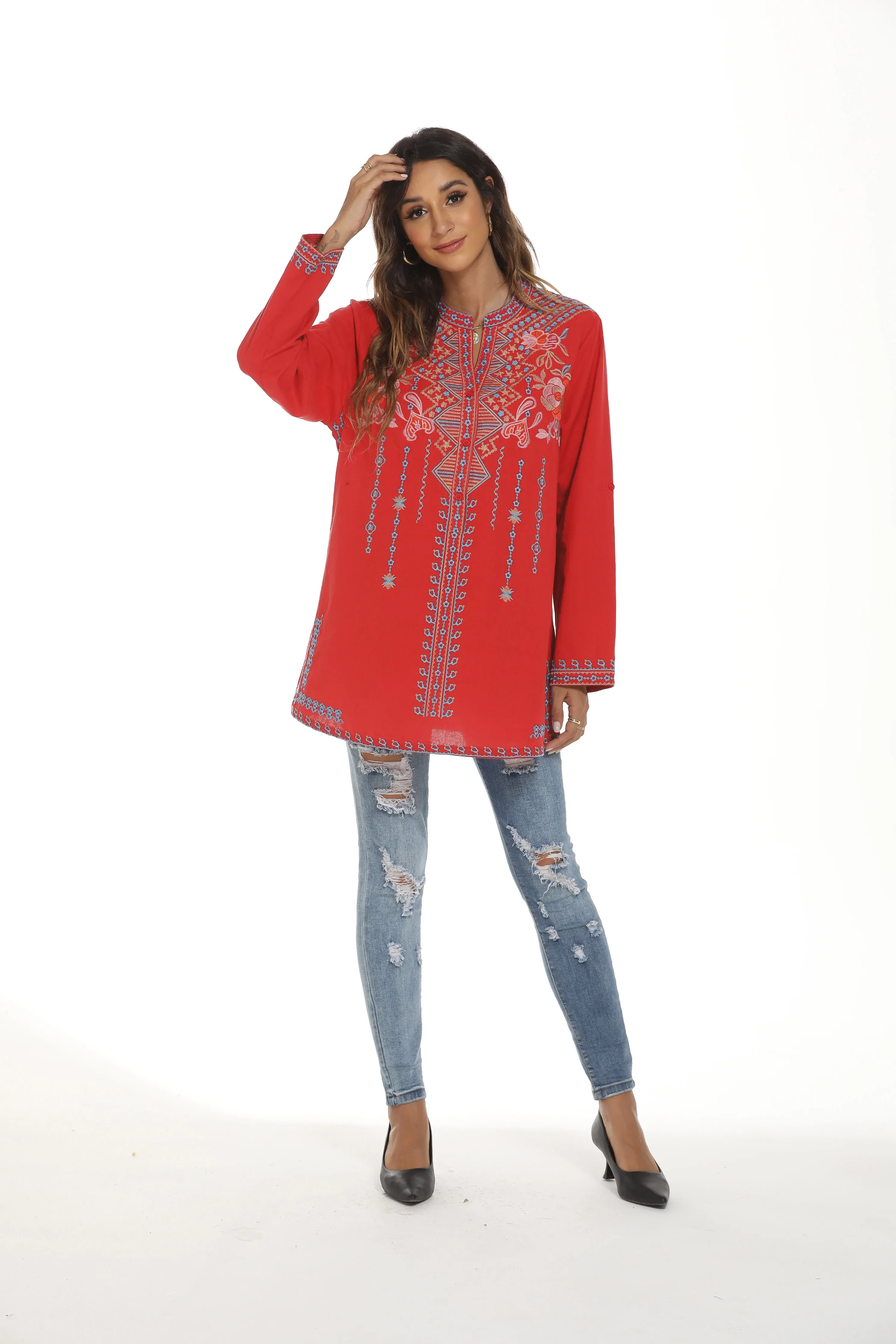 Eaeovni bordado topos de manga longa feminino mexicano boho camponês casual solto túnicas outono blusa camisas para mulheres topos