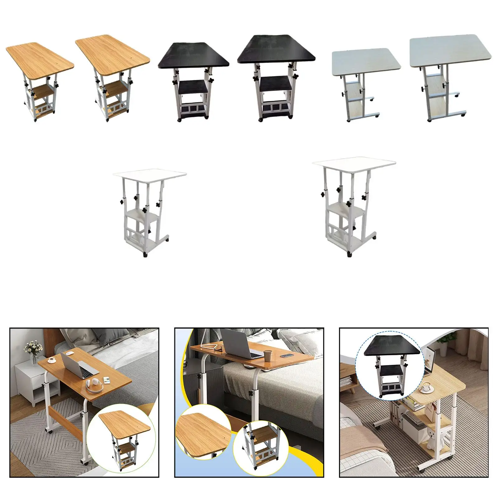 Bedside Table with Wheels, Height Adjustable, Sturdy, Multifunction, Movable, Laptop Side Desk for Living Room Working