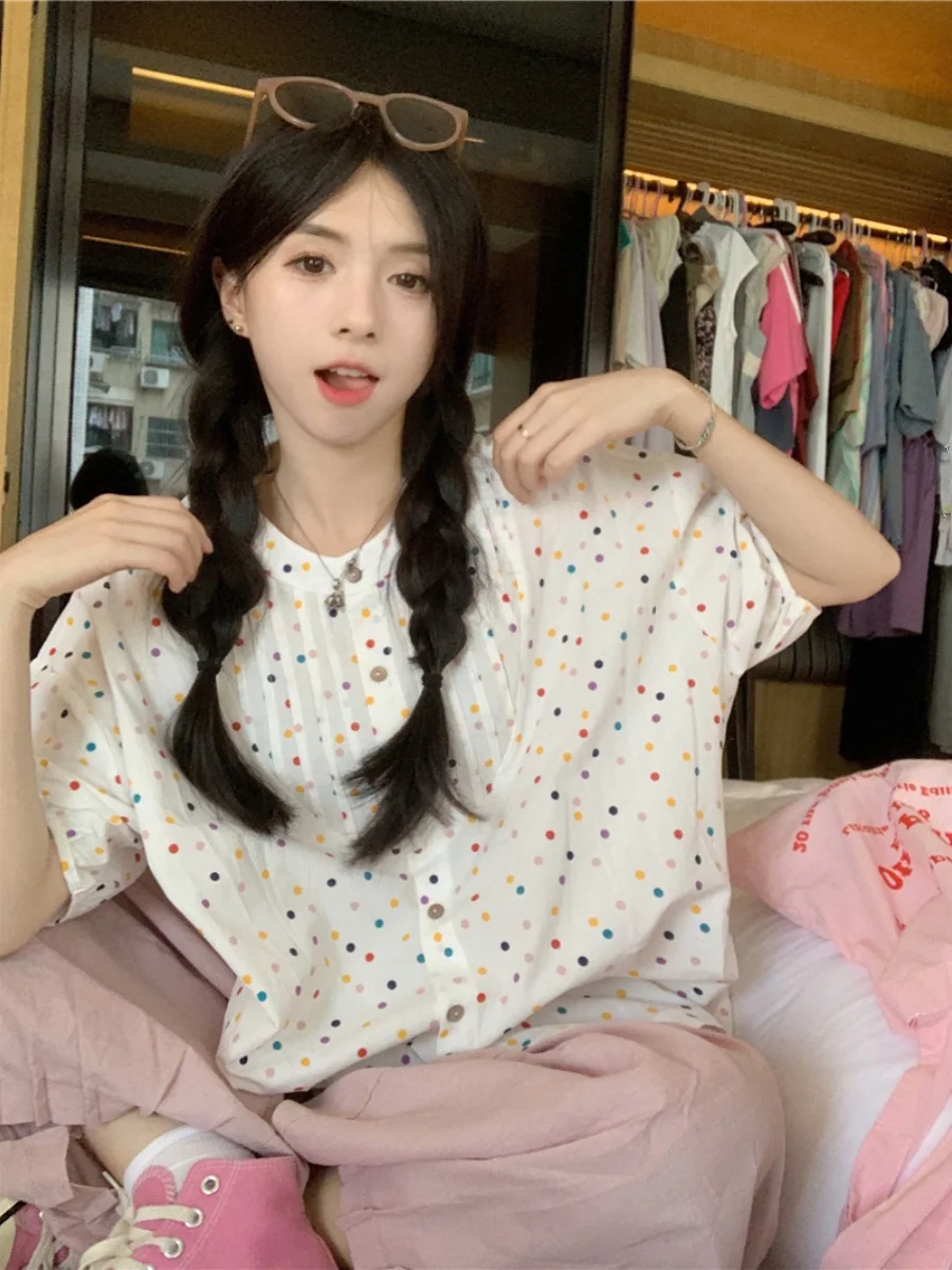 

plus Size Women's Polka Dot Short Sleeve Shirt Loose Fit Summer New Style Vintage Slimming Lazy Fashion Top