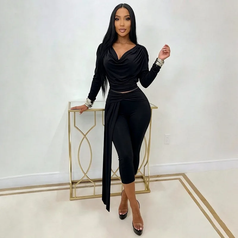 Women Fashion Solid 2 Piece Set Sexy Inclined Shoulder Swinging Collar Backless Full Sleeve Crop Tops + Ribbon Calf Length Pants