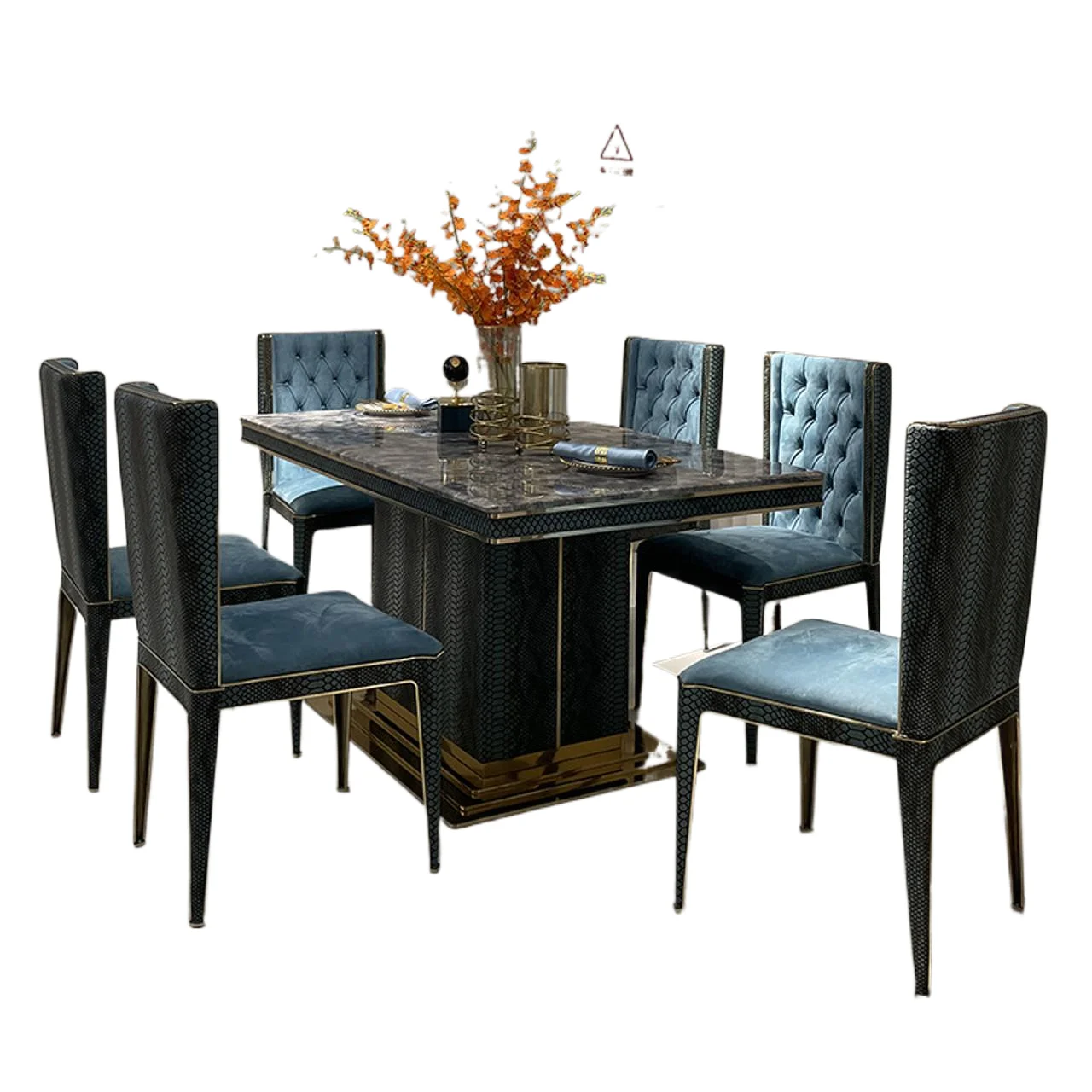

Natural luxury stone light luxury villa python pattern leather dining table dining chair combination