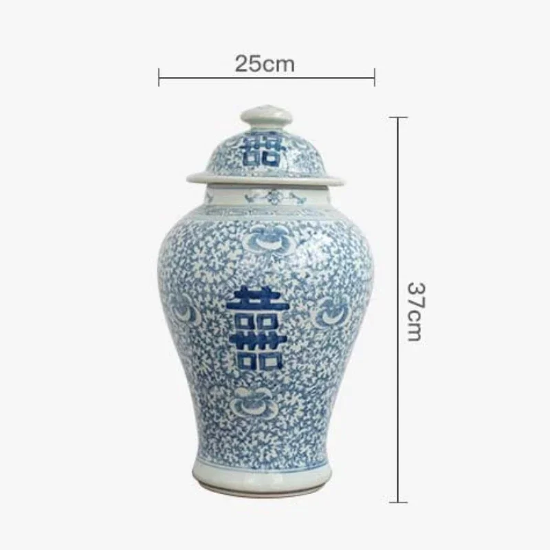 Wedding Decoration Temple Jar Double Happiness Blue and White Porcelain Ginger Jar Vase Chinese Desktop Table Vase Decorations