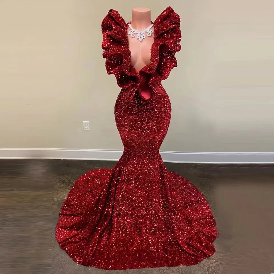 

Sexy Burgundy Sequins Ruffles V Neck Mermaid Long Prom Dresses Sleevesless Wedding Evening Gowns Backless vestidos de fiesta